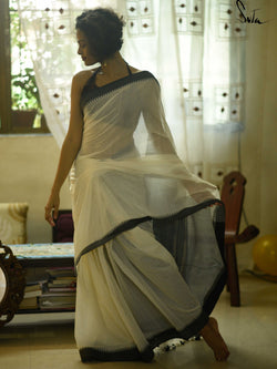 Divine black and white cotton saree wih kumbha