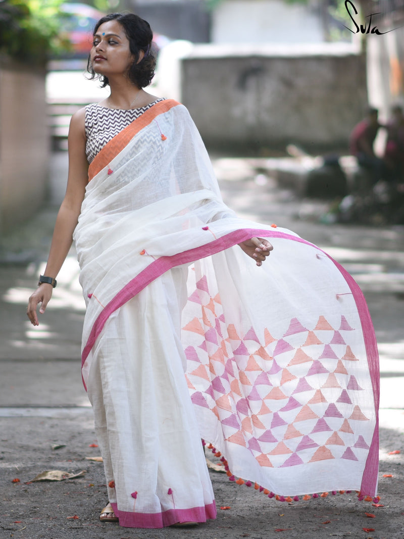 Handloom cotton: Wishful white, pink and orange