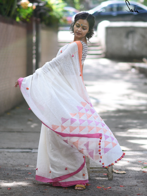 Handloom cotton: Wishful white, pink and orange