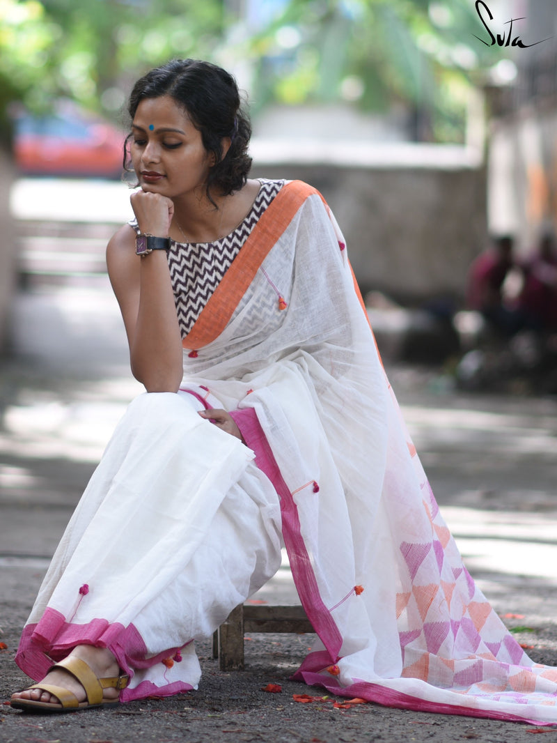 Handloom cotton: Wishful white, pink and orange