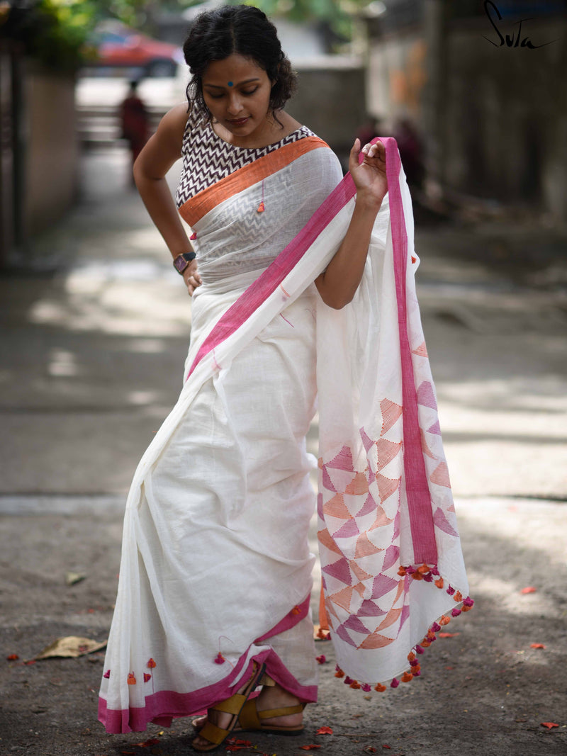 Handloom cotton: Wishful white, pink and orange