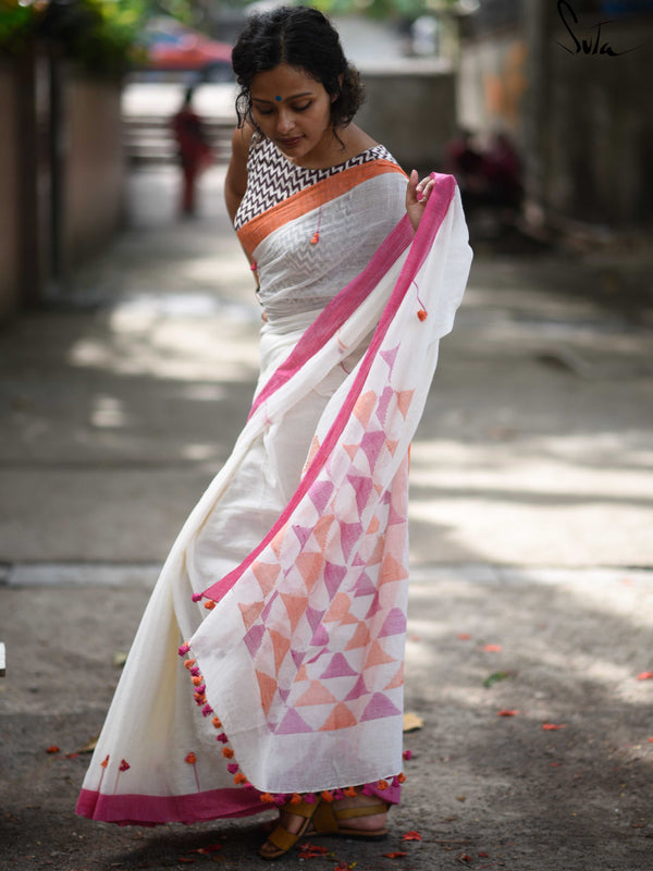 Handloom cotton: Wishful white, pink and orange