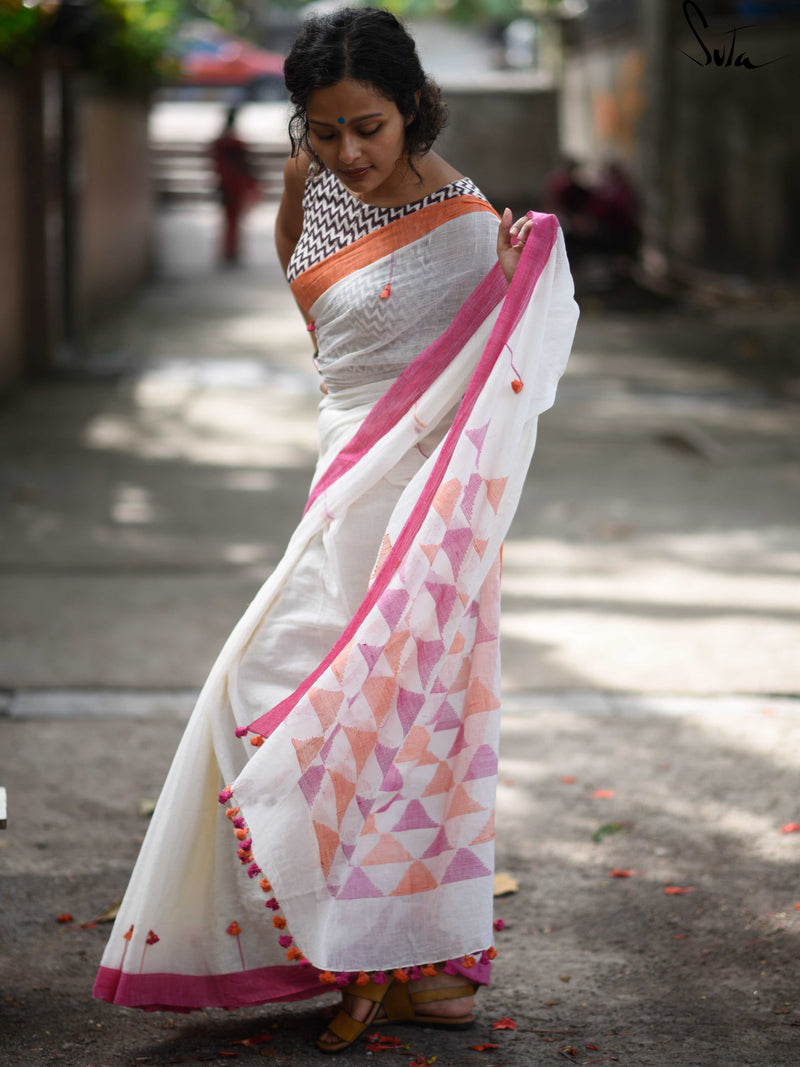 Handloom cotton: Wishful white, pink and orange
