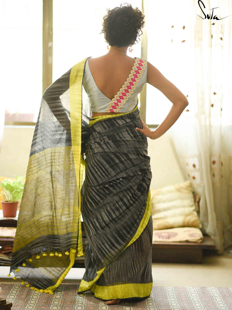 Handloom tie and dye cotton- Yellow and black slate