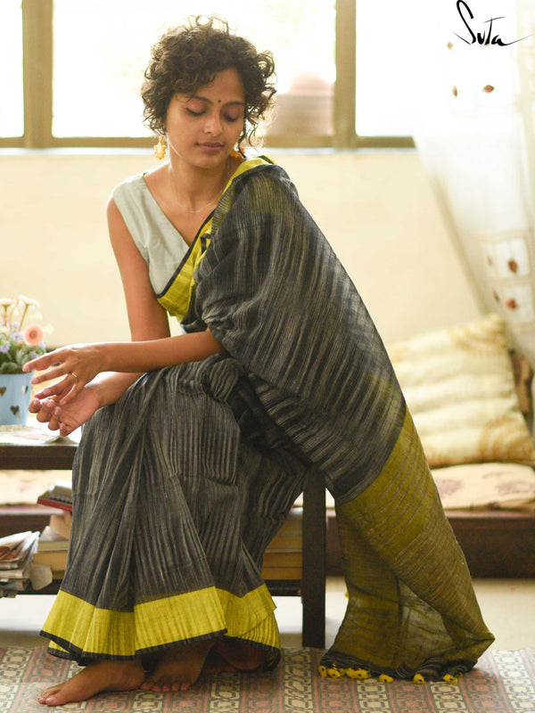 Handloom tie and dye cotton- Yellow and black slate