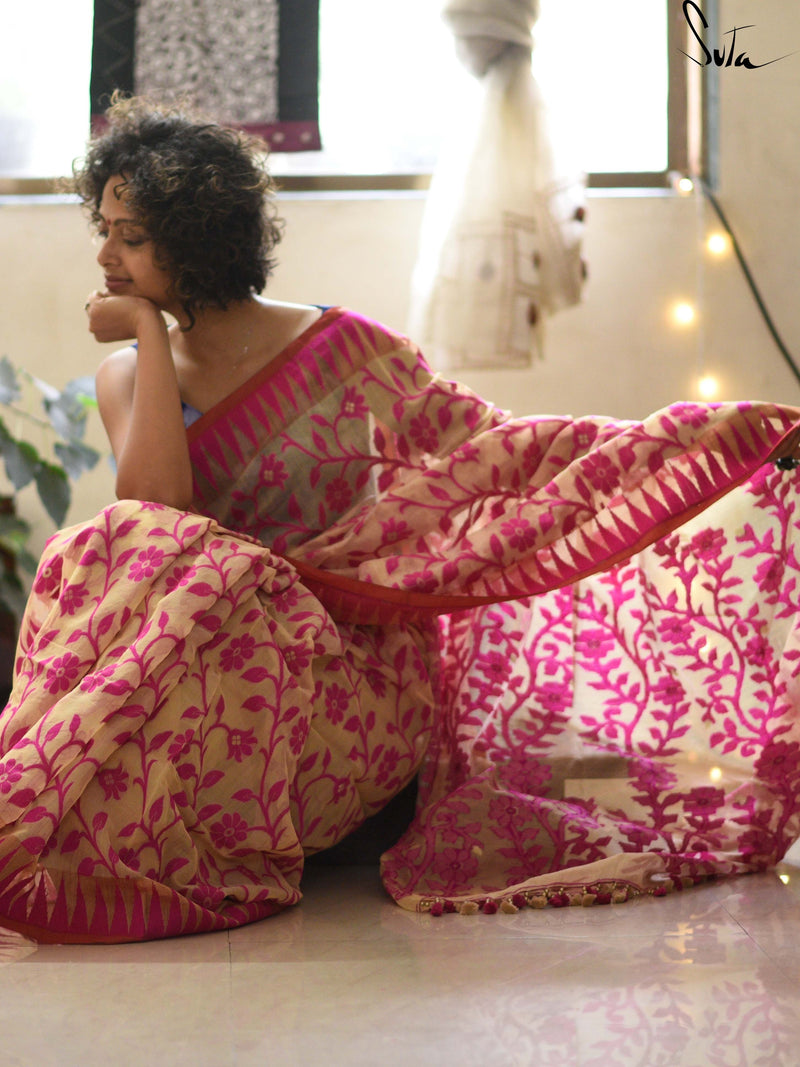 Jaamdani: Beige and hot pink