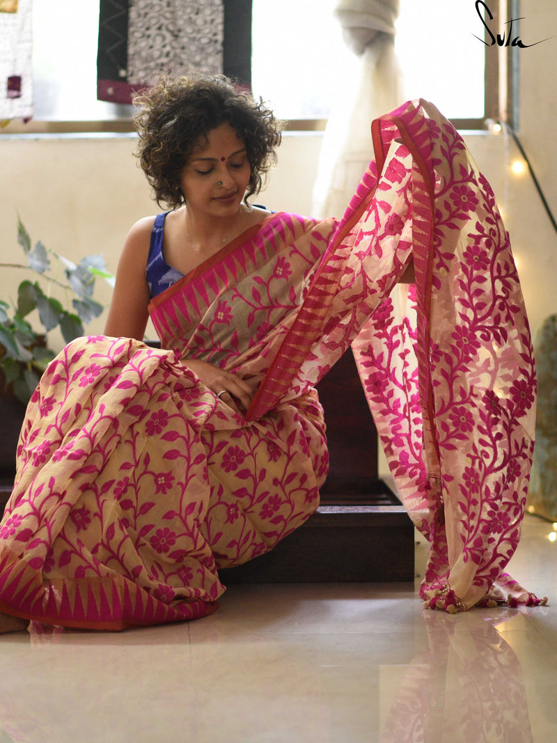 Jaamdani: Beige and hot pink