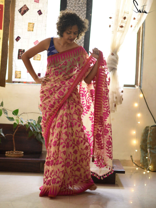 Jaamdani: Beige and hot pink