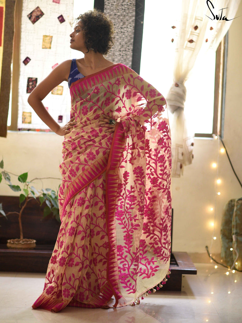 Jaamdani: Beige and hot pink
