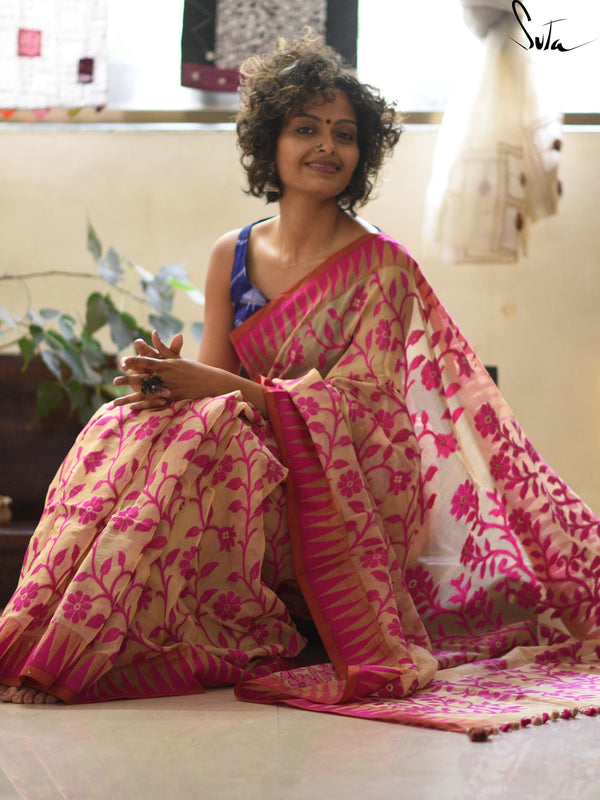 Jaamdani: Beige and hot pink