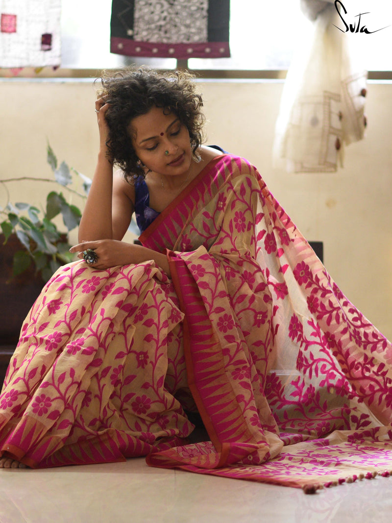 Jaamdani: Beige and hot pink