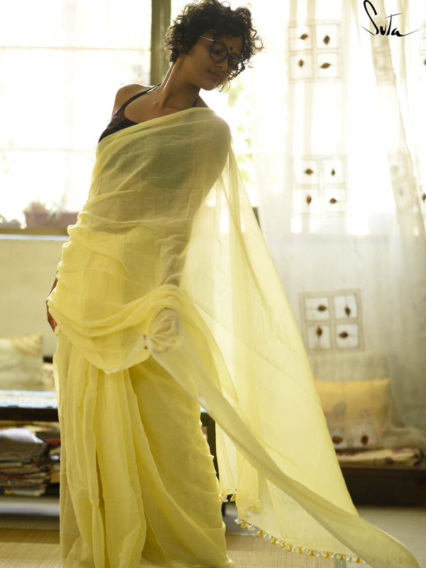 Lemon Yellow Mul cotton saree with pom pom