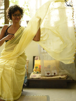 Lemon Yellow Mul cotton saree with pom pom