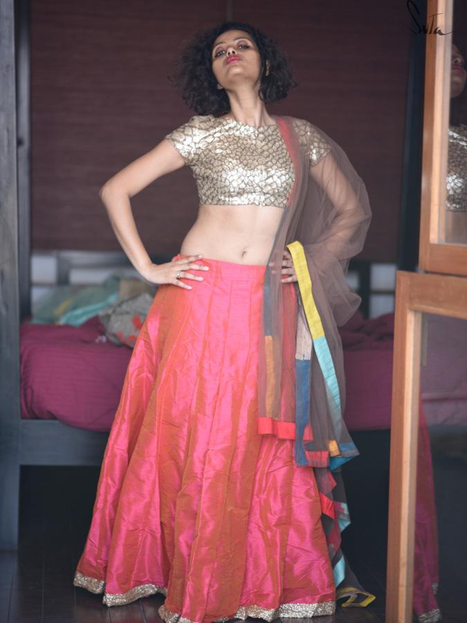 Dhoopchav Pink And Orange Raw Silk Skirt