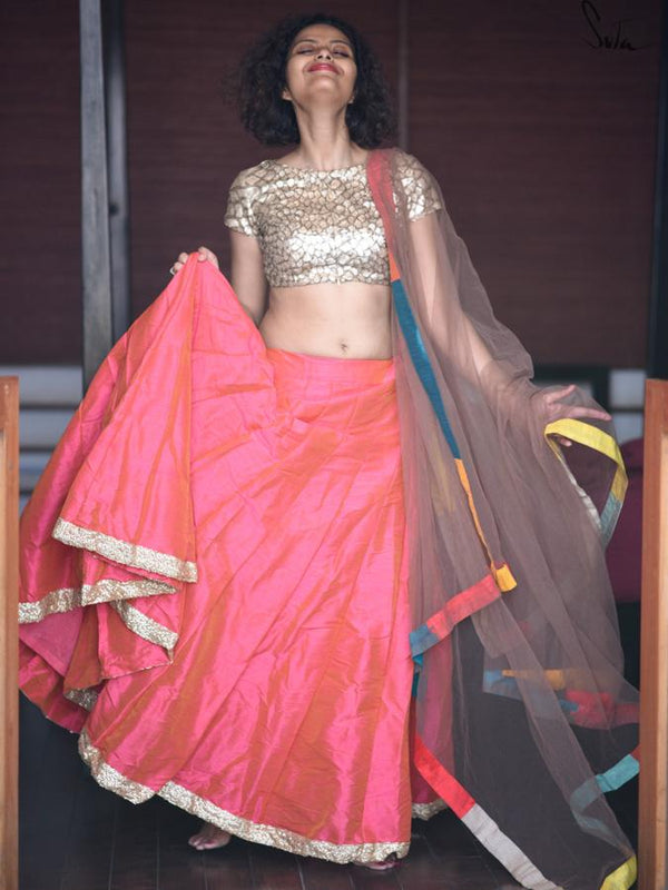 Dhoopchav Pink And Orange Raw Silk Skirt