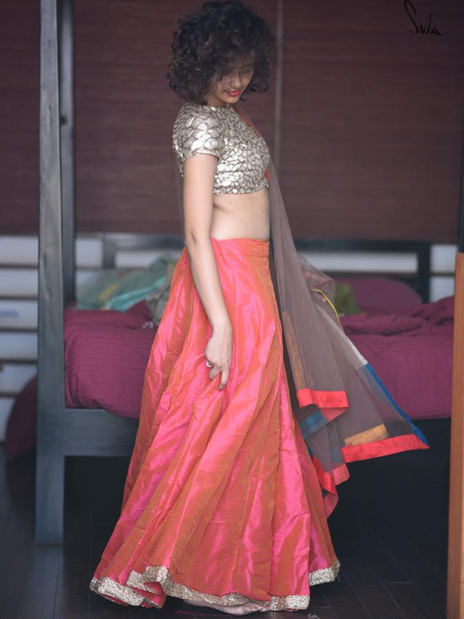 Dhoopchav Pink And Orange Raw Silk Skirt